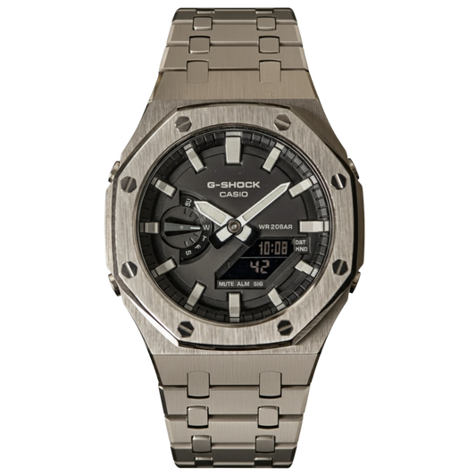 CasiOak Black, White hands on Gun Metal Bracelet