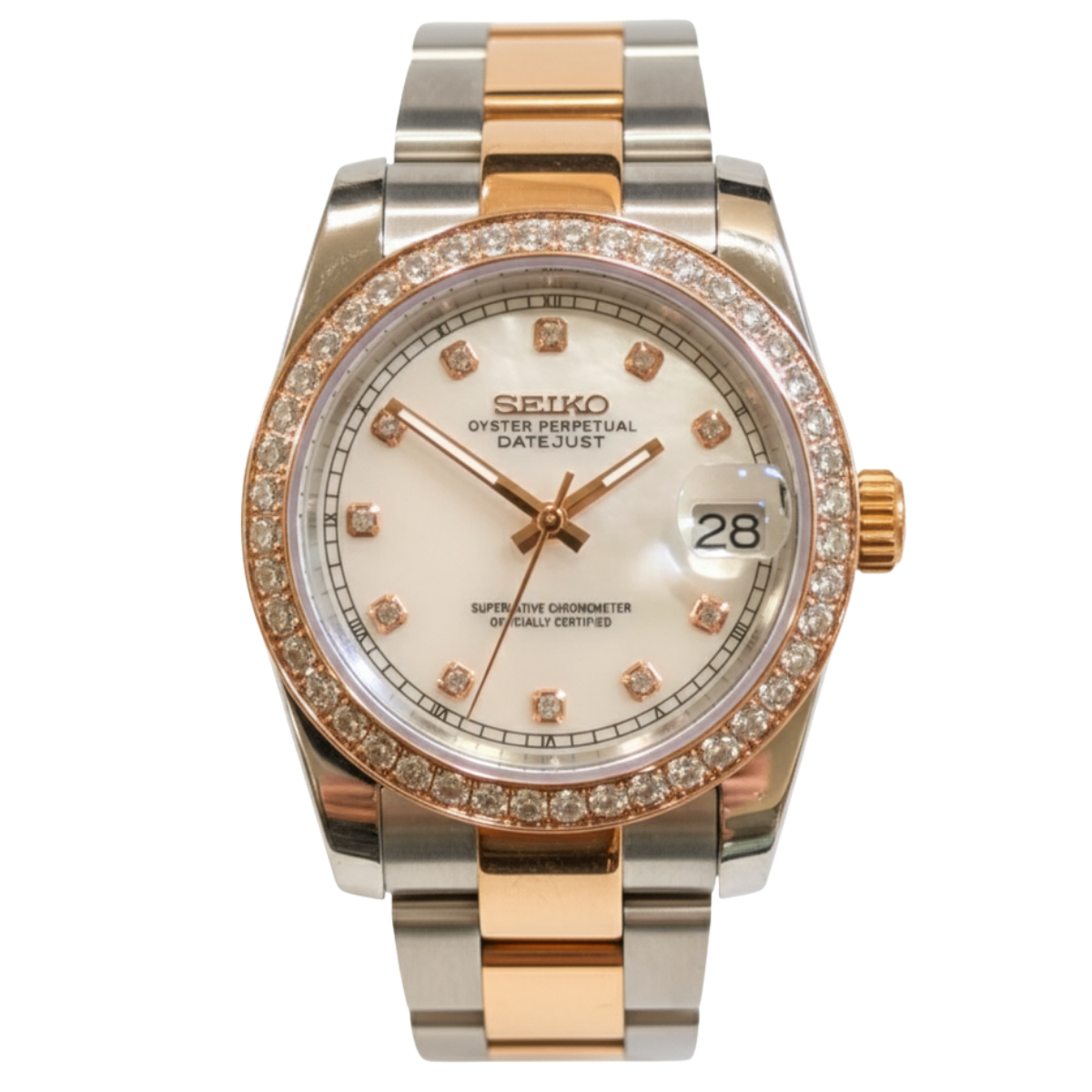 SEIKO-LEX ROSE GOLD STUDDED BEZEL MOTHER OF PEARL DJ