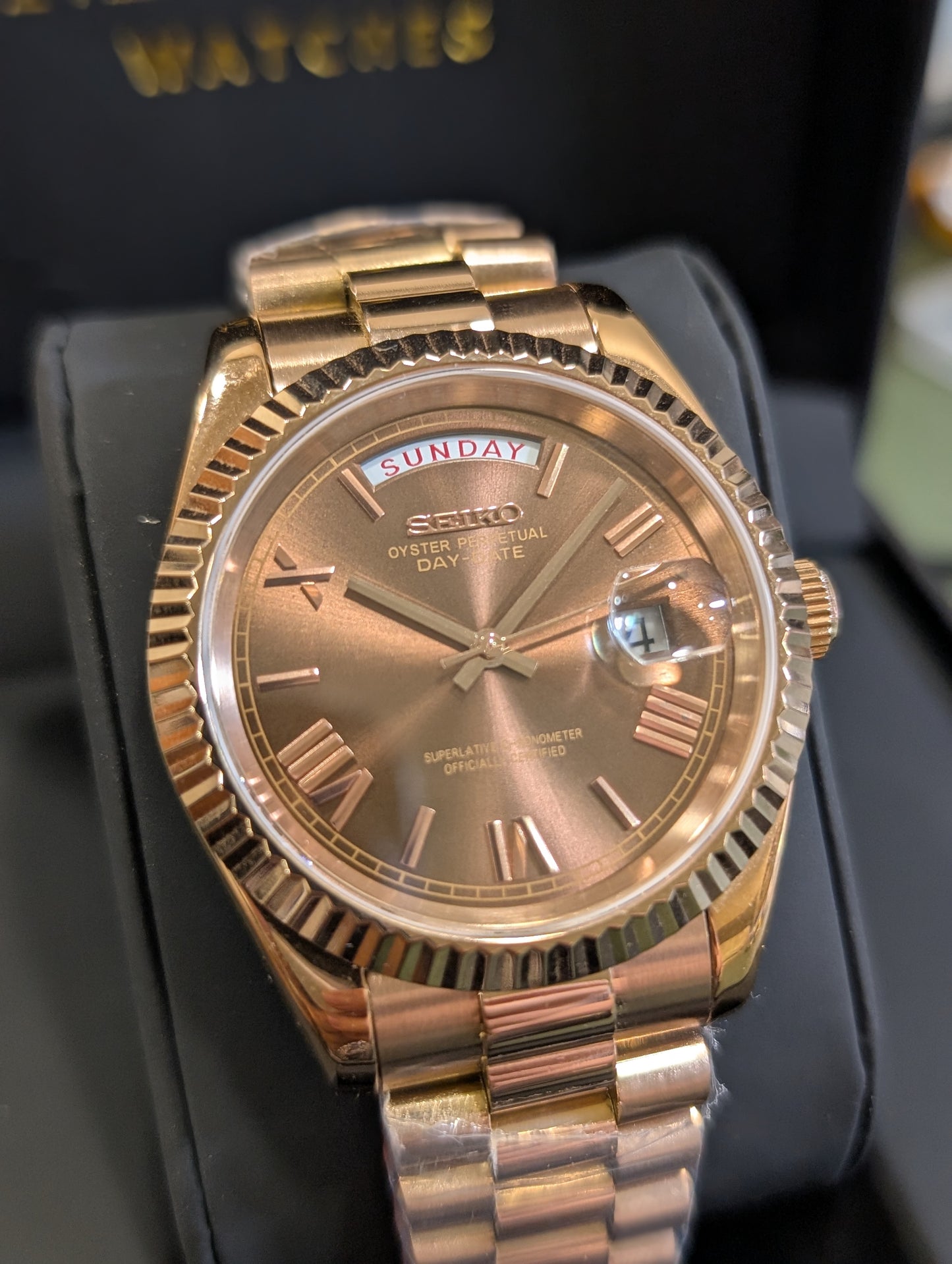 SEIKO-LEX ROSE GOLD DAY-DATE COFFEE