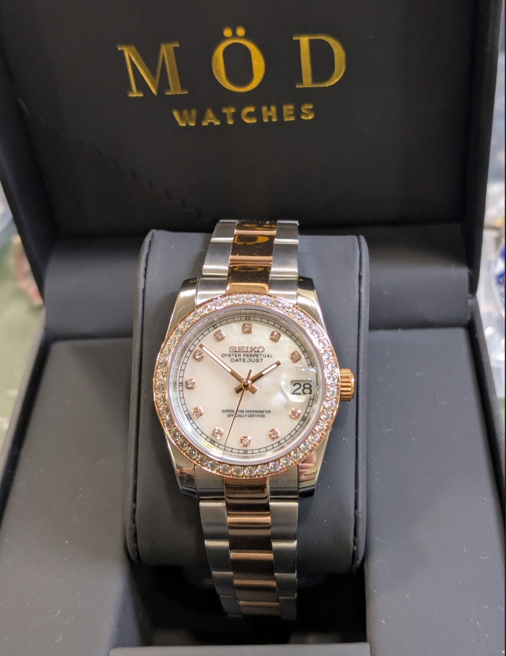 SEIKO-LEX ROSE GOLD STUDDED BEZEL MOTHER OF PEARL DJ