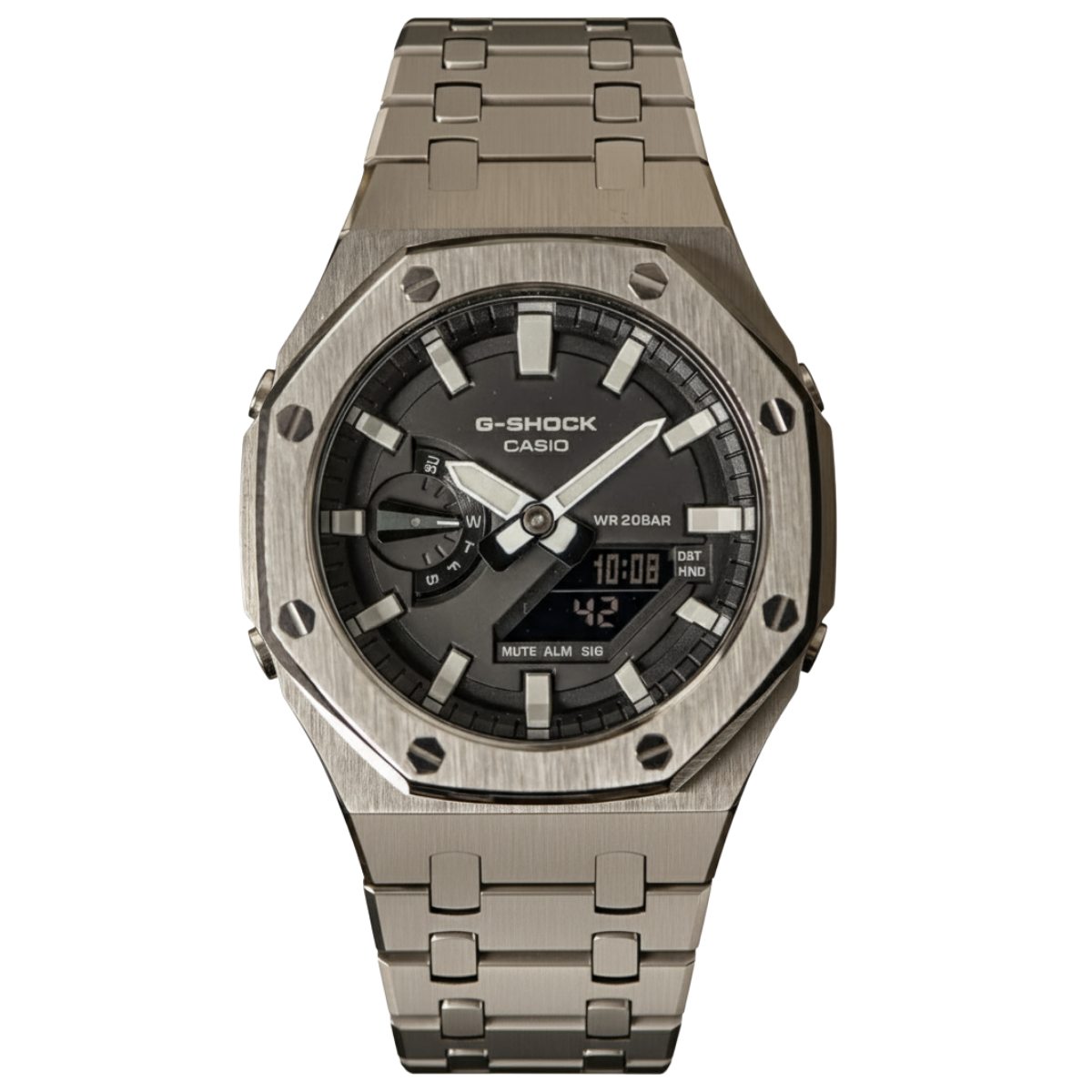 CasiOak Black, White hands on Gun Metal Bracelet