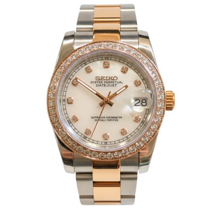 SEIKO-LEX ROSE GOLD STUDDED BEZEL MOTHER OF PEARL DJ