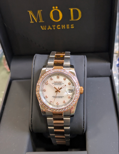 SEIKO-LEX ROSE GOLD STUDDED BEZEL MOTHER OF PEARL DJ