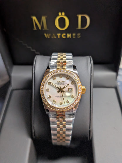 SEIKO-LEX 31MM MOP DIAL, DIAMOND BEZEL YELLOW GOLD